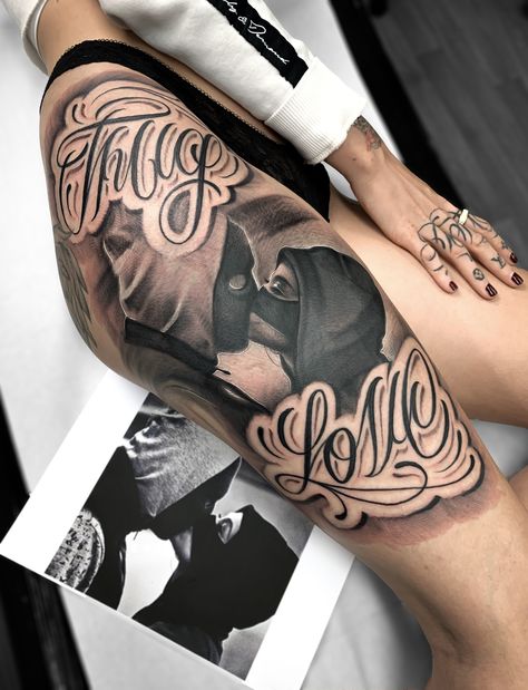 Thug Couple Tattoos, Art For Tattoos Drawings, Gangsta Love Tattoos, Thug Tattoos For Women Leg, Thug Love Tattoo, Gangsta Love Couple, Gangsta Couple Tattoos, Devilish Tattoos, Thug Tattoos For Women Sleeve