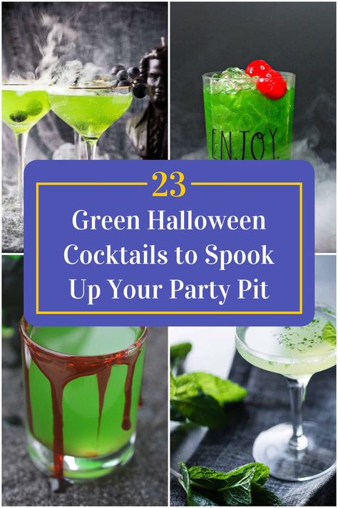 Collage of 4 green halloween cocktails. Green Pitcher Cocktails, Green Halloween Cocktails Recipes, Green Halloween Shots, Halloween Batch Cocktails Recipes, Green Batch Cocktail, Easy Green Cocktails, Green Halloween Drinks Alcohol, Green Halloween Cocktail, Green Halloween Drink