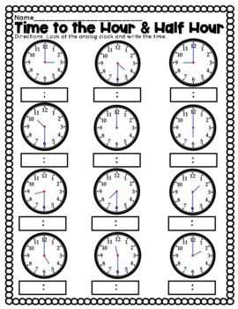 Time to the Hour and Half Hour:This worksheet has a mix of time to the hour and time to the half-hour. Look at the analog clock and write down the time. I have included two copies of the same worksheet: One with the colon to write the digital time and one without the colon. Thanks so much for your ... Clocks Worksheets, Time To The Half Hour, Math Worksheets For Kids, Clock Worksheets, Time Quiz, Telling Time To The Hour, Fun Math Worksheets, Math Practice Worksheets, Time To The Hour