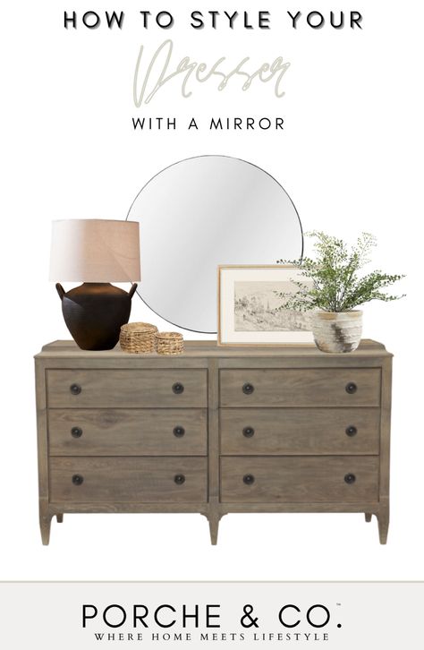 Styling A Dresser, Above Dresser, Dark Wood Dresser, Dresser Styling, Mcgee And Co, Grey Lamp, Simple Pictures, Wood Dresser, Bedroom Dressers