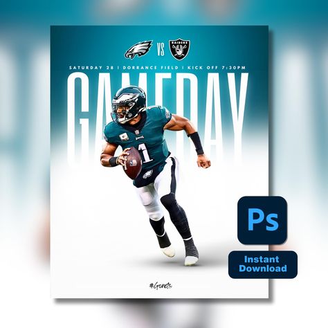 Game Day Photoshop templates social media graphics for sports teams. Create match day Instagram, Facebook and Twitter graphics with ease using our game day template. 𝐁𝐄𝐍𝐄𝐅𝐈𝐓𝐒 𝐎𝐅 𝐌𝐘 𝐓𝐄𝐌𝐏𝐋𝐀𝐓𝐄𝐒 1️⃣ Save Time! Easy to edit with organized layers means quality graphics in minutes.  2️⃣ Look Professional. Give your team the professional look it deserves 3️⃣ Boost Engagement with Fans, Players and the Community.  𝐀𝐅𝐓𝐄𝐑 𝐘𝐎𝐔 𝐏𝐔𝐑𝐂𝐇𝐀𝐒𝐄 ✅ Once purchased you will have acce Sport Social Media Post, Sports Social Media Post, Game Day Post, Game Day Graphics, Football Social Media, Sports Template, Text Banner, Template Facebook, Sports Design Ideas