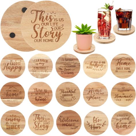 PRICES MAY VARY. Housewarming Gifts for New Home: the rustic farmhouse coaster set consists of 15 distinctive pieces, each intricately carved with its own design and phrase; This diverse assortment enhances the inviting aura of your home, while complementing different rooms such as the kitchen, living room, or bedroom; Add cheerfulness to gatherings with these charming coasters Non Slip Design and Ideal Size: designed with a non slip feature, these coasters prevent spillages or condensation drib Designs For Coasters, Laser Coasters, New Home Gift Ideas, Farmhouse Coasters, Home Gift Ideas, Christmas Wooden Signs, Housewarming Decorations, Rustic Coasters, Coffee Table Coasters