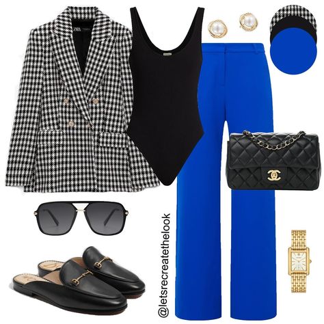 Black/White Houndstooth and Blue - 10 Outfit Ideas 🖤🤍💙 Mixing and matching to maximize my wardrobe, it’s what I do. Here are 10 outfits I will be recreating with items I already have in my closet. Whether for a meeting at my kids school or having lunch with a friend and for my work babes, these looks are great for everyday styling. Just note I’m not much of a heels girl anymore, but if you are, you can easily swap them in and the looks will still work. 😉 Save this post for style inspiration ... Styling Royal Blue Pants, Black Blue And White Outfits, Royal Blue Work Outfit, How To Style A Blazer For Work, How To Combine Colors Clothes, Blue Black White Outfit, Blue Black And White Outfit, Royal Blue And Black Outfit, Cobalt Pants Outfit