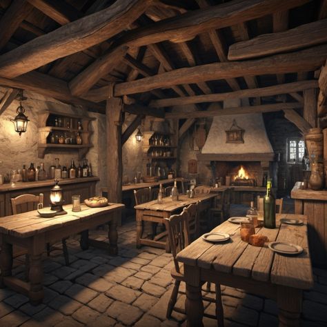 Tavern Style Dining Room, Medieval Cottage Interior, Medieval Pub, Tavern Interior, Medieval Cottage, Medieval Kitchen, Medieval Tavern, Castle Kitchens, Royal Kitchen