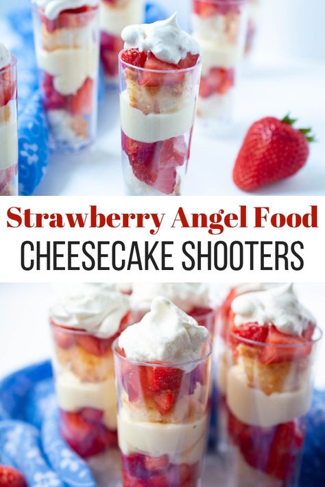 Mini Dessert Shooters Wedding, Alcoholic Dessert Shooters, Pudding Shooters Dessert, Shooter Recipes Dessert, Shot Glass Food Ideas, Angel Food Cake Mini Desserts, Mini Angel Food Cake Desserts, Dessert Shooters Wedding Recipe, How To Make Cake Shooters