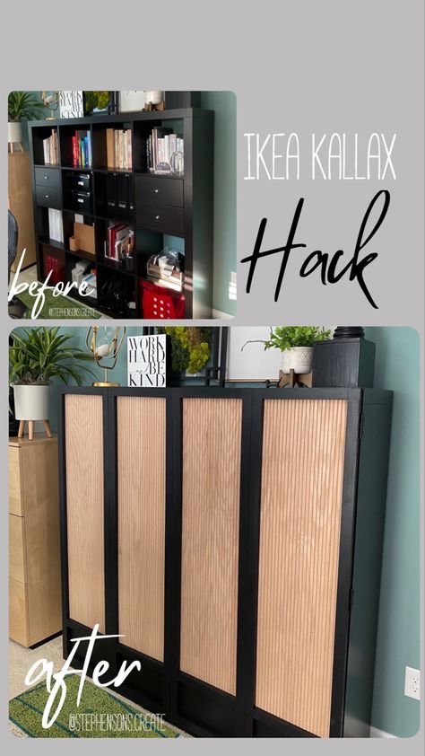 We made doors for our Ikea- Kallax bookcase. Using painted black 2” wide boards, oak veneer pole wrap, hinges. Quick hack to upgrade the look of kallax. Check our instagram @stephensons.create #ikeahacks #ikeakallaxhacks #ikea #polewrap #ikeakellax #diyikeahacks #diykallax #blackandoak Kallax Bookcase, Ikea Furniture Makeover, Kallax Hack, Pole Wrap, Ikea Makeover, Ikea Kallax Hack, Diy Accent Wall, Ikea Kallax, Kallax Ikea