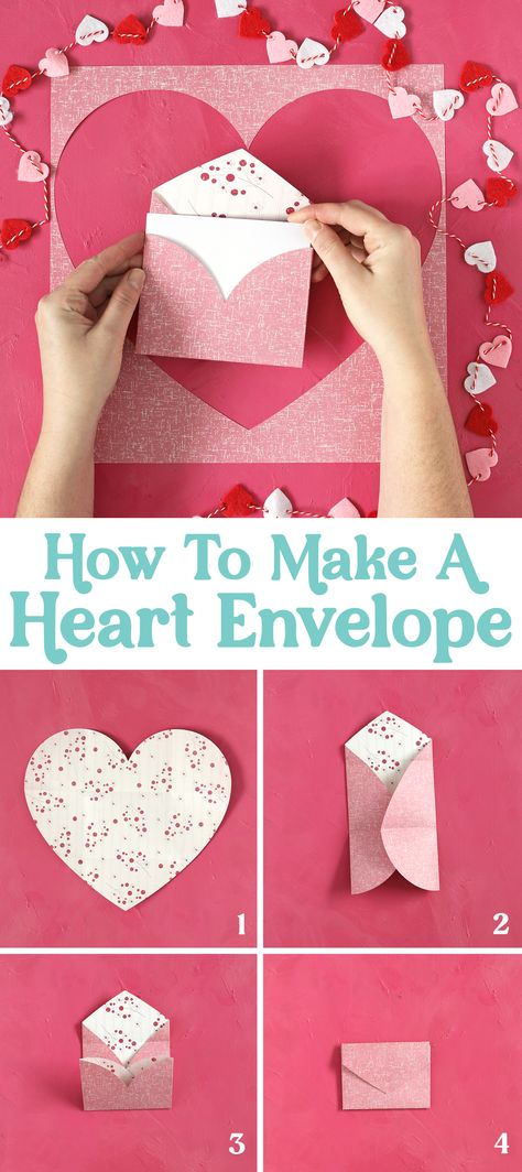 Turn a paper heart into a cute DIY envelope in four easy steps. Such a cute envelope made from a paper heart. What a fun way to deliver a love note! Valentine's Day | Paper Crafts | DIY Crafts | Craft Ideas How To Make A Envelope Out Of A Heart, Diy Heart Envelopes From Paper, Heart Into Envelope, Diy Heart Letter, How To Make A Cute Envelope Out Of Paper, How To Fold A Heart Envelope, Paper Heart Pocket, Love Heart Envelope, Diy Love Envelope