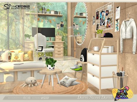 The Sims Resource - Dorm Sweet Dorm Bedroom Dorm Layout, Dorm Rugs, Dresser Shelves, University Dorms, Dorm Sweet Dorm, Sims 4 Bedroom, Dorm Walls, Adult Bedroom, Dorm Bedroom