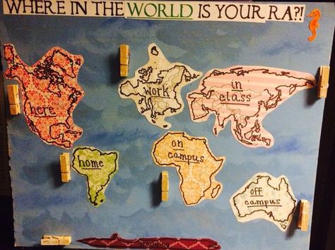 World themed Where Am I Board Where Is Ra Sign, Where's Your Ra Sign, Where Is My Ra Sign, Where Is Your Ra Sign, Where Is Your Ra, Dorm Hall Themes, Where Am I Board, Ra Hall Themes, Ra Floor Themes