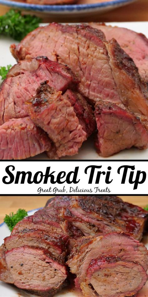 A double photo collage of sliced tri tip on a white plate. Marinade For Tri Tip Roast, Smoked Tri Tip Recipe, Tri Tip Recipe, Tri Tip Marinade, Tritip Recipes, Meat Marinades, Beef Roasts, Smoked Tri Tip, Beef Tri Tip