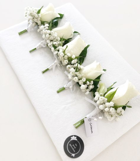 Wedding Bouquet Classic Elegant, Classic Boutonniere Wedding, Gypsophila And Rose Bouquet, White Rose Buttonhole, White Roses And Gypsophila, Wedding Button Holes, Groomsmen Pink, Buttonholes Wedding, Groom Buttonhole