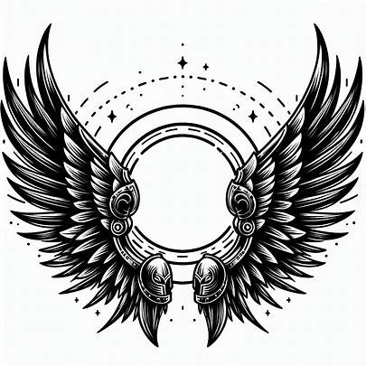 black and white tattoo style drawing of a pair of floating Valkyrie wings. The wings have armor on the leading edge. The wings are spread wide and frame a circle that is between them - Image Creator from Microsoft Designer Tattoo Circle Design, Valkyrie Wings Tattoo, Che Guevara Tattoo, Animated Wings, Valkyrie Wings, Valhalla Tattoo, Neck Tats, Valkyrie Tattoo, Black And White Tattoo