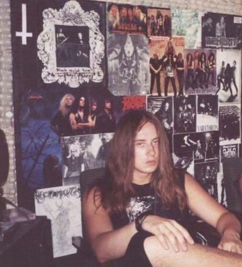 Blast from the past. 1993-1994 in rehearsal room in Gdansk. Check out collage wall full of our heroes... most of ‘em still belong to the… Metal Bedroom Aesthetic, Black Metal Room Aesthetic, Metal Room Ideas, Metalhead Room Ideas, Room Full Of Posters, Metal Room Aesthetic, Heavy Metal Bedroom, Metal Head Room, Metalhead Bedroom