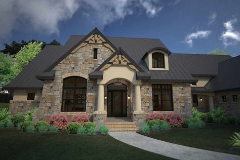 French-country House Plan - 4 Bedrooms, 3 Bath, 3880 Sq Ft Plan 61-208 Tuscan Style House, Decorative Wood Trim, Library Study, Den Office, French Country House Plans, European House Plans, European House Plan, Office Library, Country Craftsman