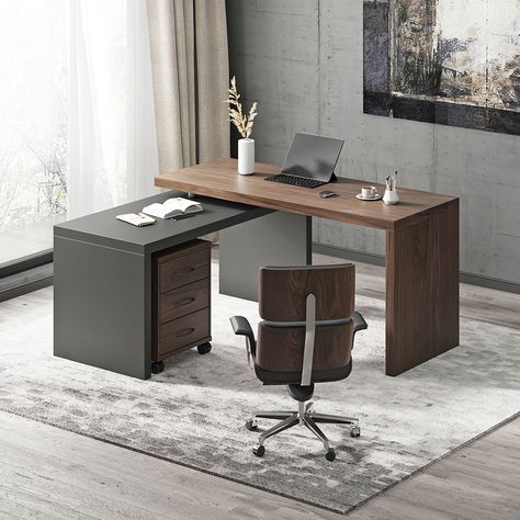 Modern Home Workspace Design, Elegant Home Office Desk, L Shape Working Desk, Modern L-shaped Desk, Modern L Desk, L Office Desk, Office Desk L Shaped, Corner Desk Design, Modern Office Desk Executive