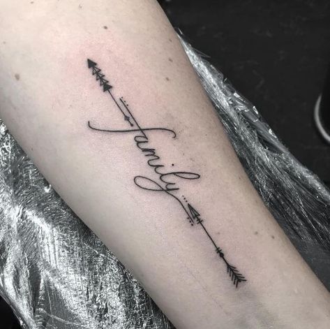 Family Tattoos Tattoos That Say Family, Word Family Tattoo Ideas, Tiny Family Tattoos, Small Family Tattoos For Women, Family Text Tattoo, Family Script Tattoo, Family Word Tattoo, Tattoo Family Ideas, Tattoos That Represent Family