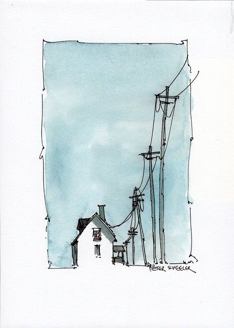 Peter Scheeler, Piercings Corps, Line And Wash Watercolor, Peter Sheeler, Line And Wash, Video Set, Watercolor Architecture, Power Lines, Watercolour Inspiration