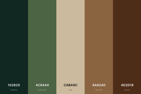 Rustic Brown & Green Color Palette Color Palette with Dark Green (Hex #102820) + Hunter Green (Hex #4C6444) + Khaki (Hex #CABA9C) + Raw Umber (Hex #8A6240) + Café Noir (Hex #4D2D18) Color Palette with Hex Codes Army Colour Palette, Aesthetic Green Colour Palette, Green Brown Tan Color Scheme, Brown And Green Pallete Color, Dark Green And Brown Bedroom Ideas, Earthy Gold Aesthetic, Dark Brown Color Palette Living Room, Aesthetic Green Color Palette, Academic Color Palette