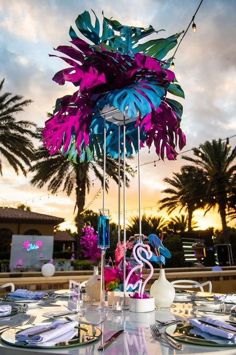 Jake’s Miami Vice Inspired Bar Mitzvah – Lisa Pierce Events | Event and Wedding Planner Havana Beach Party, Miami Vice Table Decor, Miami Vice Centerpieces, Retro Miami Party Theme, Miami Vice Party Decorations, Miami Vice Theme Party Decor, Miami Vice Decor, Beach Party Theme Ideas, Miami Party Theme