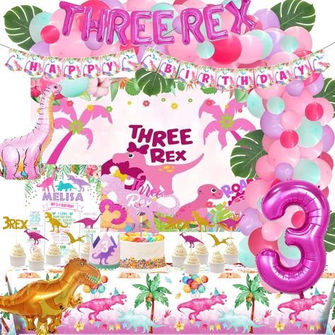 PRICES MAY VARY. 🦖 THE BEST THIRD DINOSAUR PARTY – Kids of all ages love dinosaurs. So, planning the perfect party with a dinosaur theme is a fantastic way to celebrate your daughter's third birthday! The elements of dinosaurs and pink features are dreamy and perfectly match your party. Welcome to the pink dinosaur world. 🍃 THREE REX BIRTHDAY PARTY DECORATIONS INCLUDES - 84 x 12’’ pink latex balloons | 20 x 5’’ latex balloons | 6 x artificial leaves | 12 x foil balloons | 1 x backdrop | 1 x ba 3rd Bday Party Ideas For Girl, Girl 3rd Birthday Party Ideas, 3rd Birthday Party For Girls Ideas, Three Rex Birthday Party, Toddler Birthday Themes, Backdrop Balloon Garland, Three Rex Birthday, 3rd Birthday Party For Girls, Backdrop Balloon