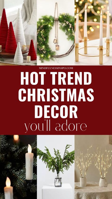 hot trend Christmas decor you'll adore featuring velvet Christmas trees, rustic Christmas cedar wreath with bells, elegant candle holder, flameless candles to put on a Christmas tree, faux pine branches in a glass vase arrangement, lighted birch branches and more on mindfulnessinspo.com Christmas Decor Ideas For 2023, Christmas Side Table Decor Ideas, Christmas Niche Decor, Christmas Decor 2023 Ideas, Christmas Sideboard Decorating Ideas, Trendy Christmas Decor 2023, Christmas Trends For 2023, Contemporary Christmas Decor Ideas, Christmas Decorations 2023 Trends