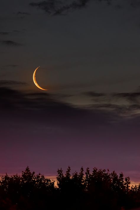 A young 2 days old moon seen after sunset. If the moon looks inverted it's because the shot was taken in the South Hemisphere. Cer Nocturn, Matka Natura, Shoot The Moon, Belle Nature, Moon Pictures, Beautiful Moon, The Night Sky, Alam Yang Indah, Beautiful Sky