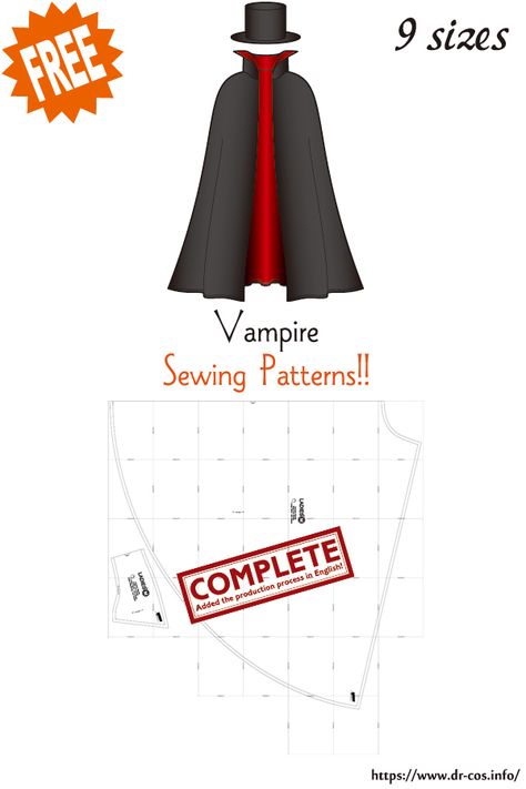 This is the pattern of Vampire(Dracula). inch size(letter size) Children's-4,8,10/Ladies'-S,M,L,LL/Men's-L,LL cm size(A4 size) Children's-100,120,140/Ladies'-S,M,L,LL/Men's-L,LL Added the number of fabric meters required for each size ❤️The production process is now uploaded to the site. Vampire Cape Pattern, Kids Cape Pattern, Cape Pattern Free, Cape Pattern Sewing, Crafting Room, Vampire Dracula, Japanese Sewing Patterns, Cape Pattern, Costume Sewing Patterns