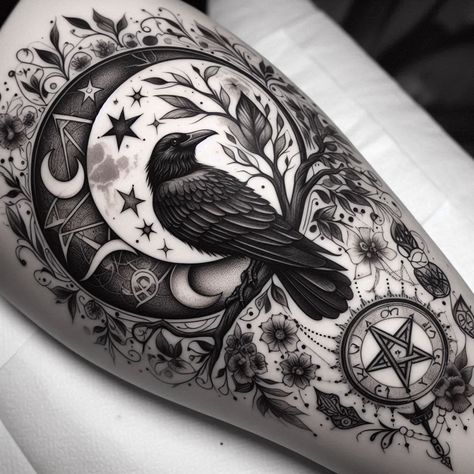 Creative Chest Tattoo, Raven Tatoos Woman, Crow Tattoo Feminine, Wiccan Moon Tattoo, Enchantress Tattoo Design, Original Sin Tattoo, Feminine Crow Tattoo, Feminine Crow Tattoos For Women, Witchy Forest Tattoo