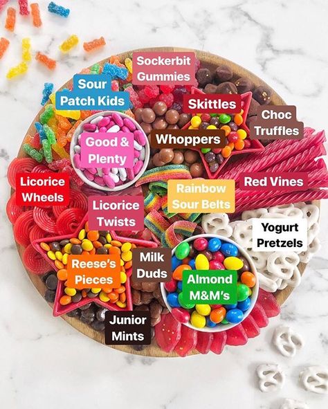 Sweets Charcuterie Board Ideas, Sleepover Food Snacks, Movie Night Candy, Movie Night Snack Board, Treat Boards, Candy Platter, Candy Charcuterie Board, Candy Charcuterie, Jelly Gummies