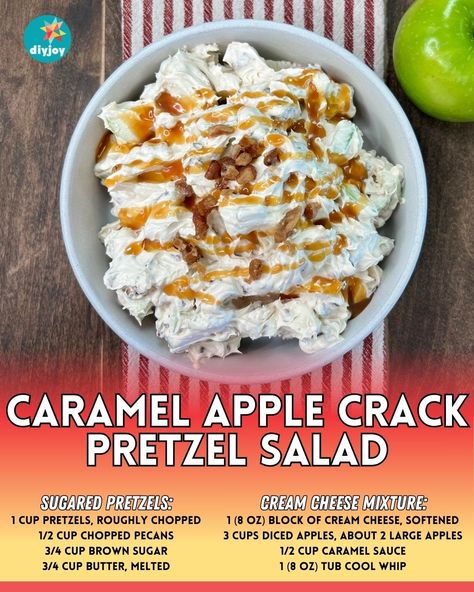 This caramel apple crack pretzel salad is a great way to have your apples as dessert. It's quick, easy, budget-friendly, and delicious! via @diyjoycrafts Apple Pretzels, Baked Caramel Apples, Dessert Salad Recipes, Caramel Apple Salad, Strawberry Pretzel Dessert, Pretzel Desserts, Apple Salad Recipes, Baked Caramel, Pretzel Salad