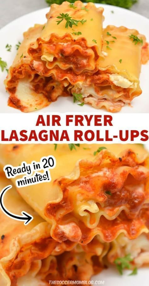 This air fryer lasagna roll-ups recipe from the Soccer Mom Blog is so delicious! It is layers of pasta, tomato sauce, and cheese get wrapped up in a delicious dish that's ready in 20 minutes! Air fryer lasagna roll ups are a speedy shortcut on a classic Italian comfort food! Try this amazing recipe today. Air Fryer Lasagna Fritta, Lasagna Roll Ups Air Fryer, Air Fryer Manicotti, Air Fryer Wraps Healthy, Air Fryer Lasagna Rolls, Air Fryer Italian Recipes, Italian Air Fryer Recipes, Air Fryer Pasta Bake, Air Fryer Roll Ups