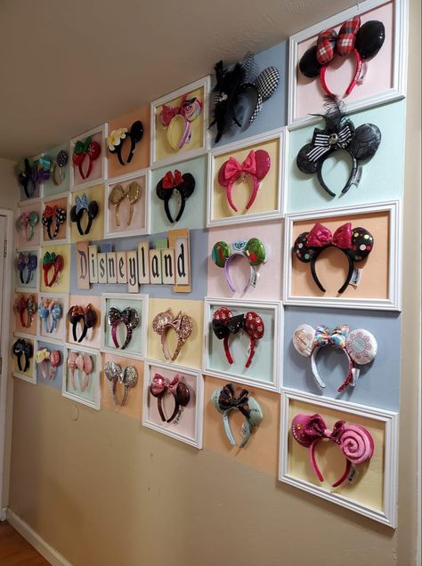 Disneyland Bedroom Decor, Adult Disney Office, Disney Plush Display, Mickey Mouse Office Ideas, Disney Rooms Ideas, Disney Ear Display Wall, Disney Picture Wall Ideas, Minnie Ears Display Wall, Displaying Disney Pins