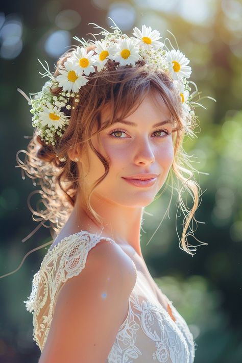 Embrace the ethereal beauty of nature with these 35 captivating floral crowns, each a symbol of love and timeless elegance. #EtherealBeauty #NatureBride Bride Flower Crown Hairstyles, Flower Crown Wedding Hair Updo, Wedding Headpiece Flowers, Flower Crown Bride Hair, Bride Hairstyles With Flower Crowns, Large Flower Crown, Flower Crown Veil Wedding, Real Flowers In Hair, Bridal Hair With Flower Crown