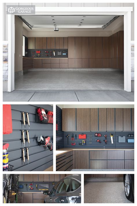 Garage Hidden Storage, Garage Shop Storage Ideas, Modern Garage Storage Ideas, Garage Upper Cabinets, Modern Garage Storage, Diy Garage Renovation, Paint Colors For Garage Interior, Garage Finishing Ideas, Garage Design Exterior