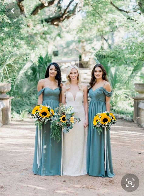 Sunflower bouquet and deep sea color bridesmaid dress Sunflower Bridesmaids Dresses, Sunflower Bouquet Bridesmaid, Sunflower Wedding Bridesmaid, Bridesmaid Dresses With Sunflowers, Sunflower Bridesmaid, Sunflower Bridesmaid Dresses, Sunflower Wedding Theme Color Schemes Bridesmaid Dresses, Summer Sunflower Wedding Color Schemes, Sunflower Wedding Bridesmaid Dresses