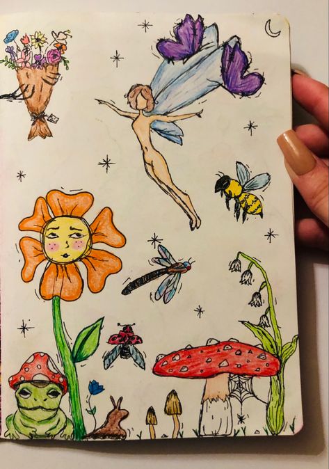 Fairy Aesthetic Drawing Easy, Narrative Drawing Ideas, Drawing Ideas Fairytales, Flower Fairy House Drawing, Garden Theme Drawing, Garden Sketch Drawing Easy, Fairy Garden Ideas Drawing, Fairy Garden Doodles, Fairy Drawing Ideas Easy