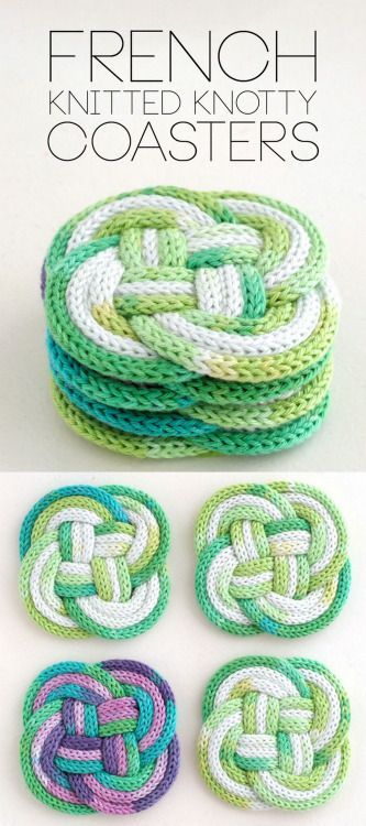 DIY Spool Knit Knotted Coasters Tutorial from My Poppet.An... Spool Knitting Projects Ideas, French Knitter Projects, Spool Knitting Ideas, French Knitting Ideas, I Cord Projects, Knitted Coasters, Cord Knitting, Knit Coaster, Knitting Machine Tutorial