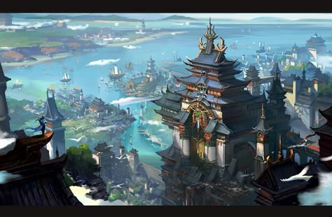 Fantasy Asian, The Summer Palace, Asian City, Fantasy Story Ideas, Ancient Chinese Architecture, Fantasy Cities, Japanese Castle, Anime City, Sci Fi Environment