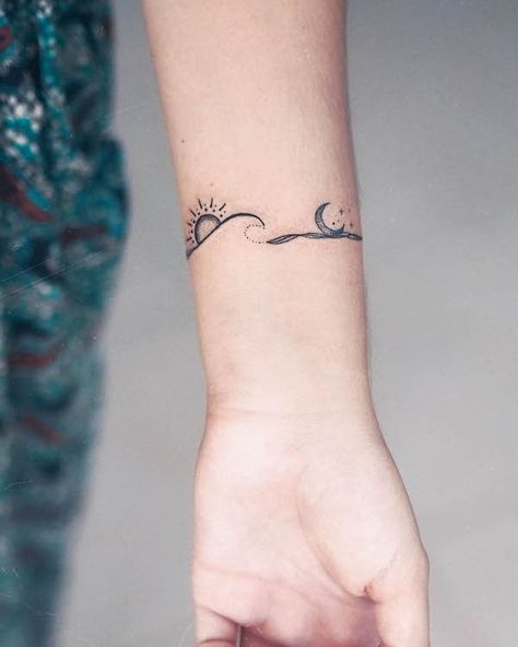 Sun, moon and waves wrist tattoo by @zmfreespirit Moon Tattoo Wrist, Braclet Tattoo, Straight Line Tattoo, Wrist Tatoo, Bracelet Tattoos, Small Symbol Tattoos, Wrist Bracelet Tattoo, Mandala Hand Tattoos, Cuff Tattoo