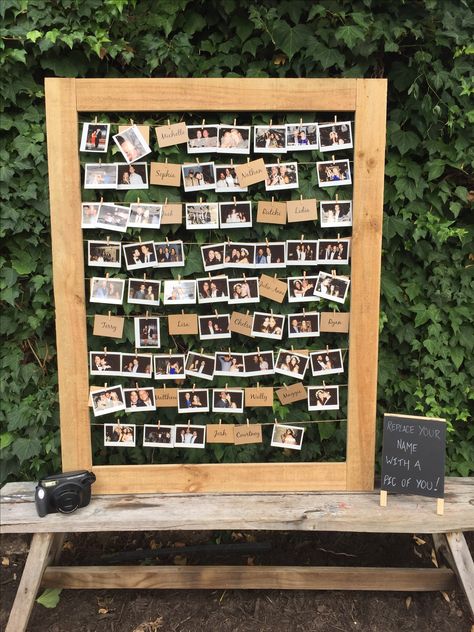 Polaroid frame at my wedding! Guests were to replace their name card with a Polaroid that had them in it Polaroid Wedding Table Names, Diy Wedding Picture Frames, Wedding Day Polaroid, Poloroid Pictures Ideas Party, Wedding Polaroid Frame, Polaroid Frame Wedding, Polaroid Cork Board, Homemade Wedding Signs, Wedding Poloroid Pictures