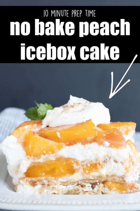 No Bake Peach Icebox Cake is an easy summer dessert recipe made with fresh peaches, whipped cream, and graham crackers. Make this fresh peach dessert in about 10 minutes. An old fashioned cold peach dessert. Peach Icebox Cake, Jello Mold Recipes, Fresh Peach Recipes, Easy Summer Dessert Recipes, Icebox Desserts, Peach Dessert, Icebox Cake Recipes, Peach Dessert Recipes, Peach Pie Filling