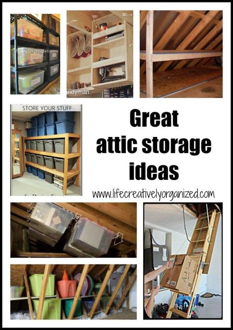 Wish you could use that extra space in your attic to store rarely used items, but aren't sure how to? Here are some great attic storage ideas to help. #lifecreativelyorganized #atticstorage Garage Attic Storage, Attic Storage Ideas, Attic Storage Solutions, Attic Organization, Garage Attic, Attic Renovation Ideas, Finished Attic, Loft Storage, Small Attic