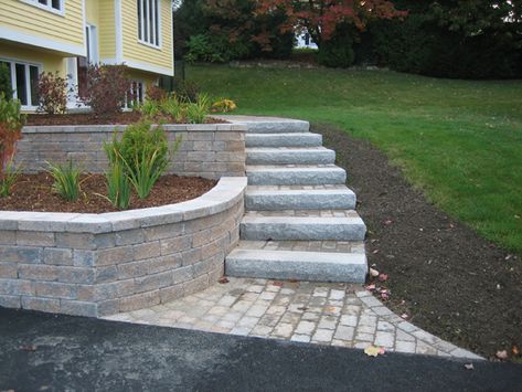 Retaining wall blocks Front Yard Walkway, Landscaping A Slope, Brick Steps, Walkway Landscaping, Paver Walkway, Front Walkway, Stone Steps, Hillside Landscaping, Sloped Garden