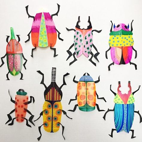 Beetle Crafts For Kids, Paper Bugs Crafts, Bug Art For Kids, Bug Collage, Cardboard Insects, Insects Craft, Insects Art, Bug Art Lesson, How To Draw Insects