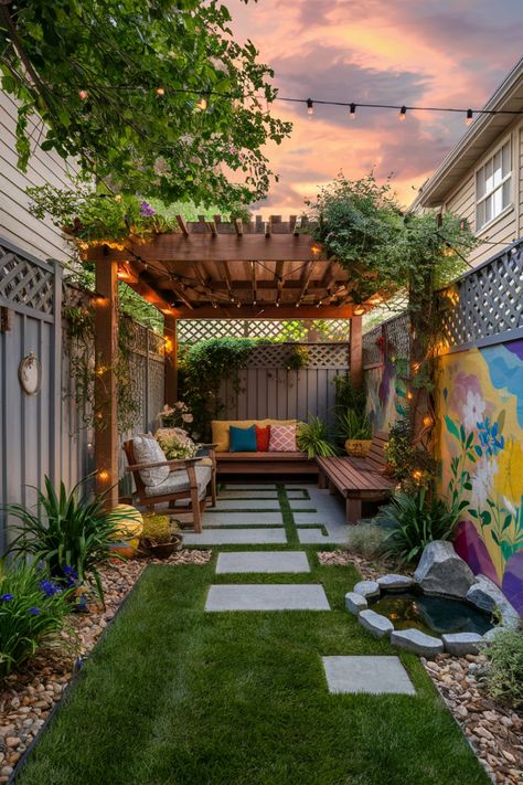 Cozy backyard patio with string lights, a pergola, colorful cushions, a small pond, and vibrant mural walls at sunset. How To Decorate Backyard, Backyard Landscaping For Small Yards, Small Suburban Backyard Ideas, Cool Small Backyard Ideas, Transform Small Backyard, Small Backyard Ideas Dog Friendly, Tiny Townhouse Backyard Ideas, Backyard Patio Designs Small Yard, Simple Small Patio Ideas