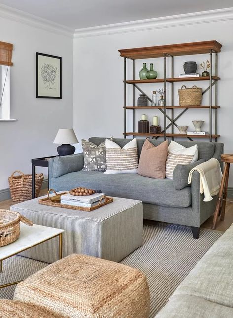 8 Ways to Style a Gray Sofa and Complement Its Color Sofa Cushions Arrangement, House Nine Design, Cushion Arrangement, Light Gray Sofas, Grey Sofa Living Room, Emily Henderson Design, Grey Throw Blanket, Grey Couch, Living Room Cushions