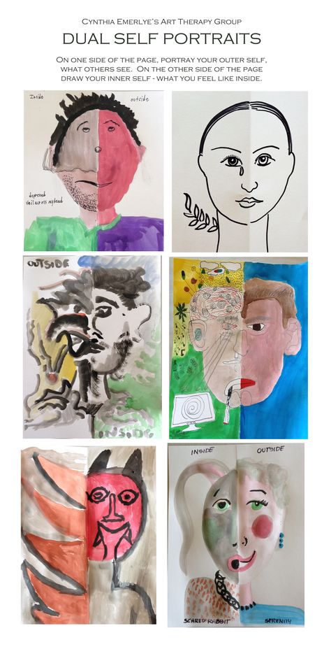 Dual Self Portraits in Art Therapy Adolescent Therapy, Group Therapy Activities, Art Therapy Directives, Creative Arts Therapy, Recreation Therapy, Group Counseling, Art Therapy Projects, Therapeutic Art, Therapeutic Activities