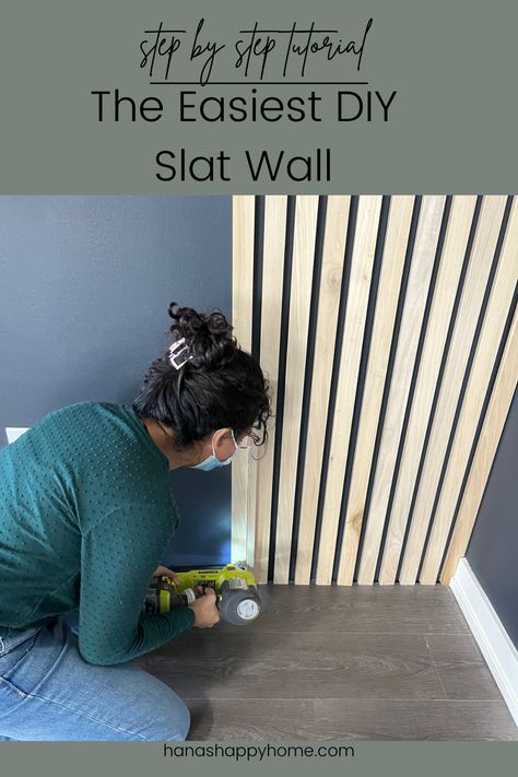 A Slat wall is a great beginner project. Don't be afraid to try this weekend project Vertical Slats Wall, Wall Behind Tv, Wooden Accent Wall, Black Accent Walls, Slate Wall, Wall Paneling Diy, Wood Slat Wall, Diy Accent Wall, Wooden Wall Panels