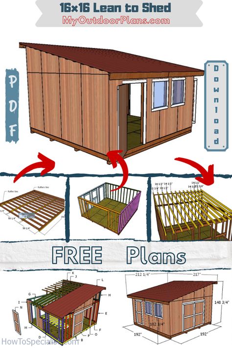 This guide is about a step by step project on how to build a 16x16 lean to shed. The shed comes with a full Cut and Shopping list, so you get the job done easily and save time. Moreover, the woodworking comes with 3D diagrams and tons of instrciitions. PDF download and Print Friendly. #shedplans #leantoshed #large16x16shed Lean To Shed Plans 16x24, 16x16 Shed Plans, 12x10 Shed Plans, 12x16 Lean To Shed Plans, Casper House, Pallet House Plans, Diy Storage Shed Plans, Shed Blueprints, Small Barns