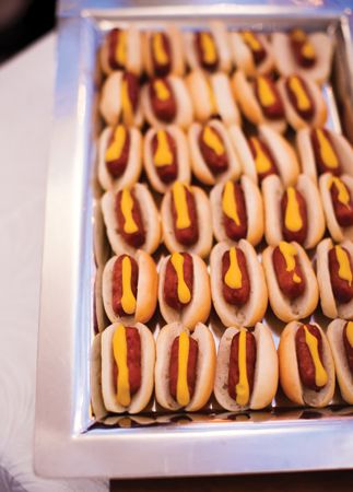 17 Of The Most Creative Baseball Wedding Ideas We’ve Ever Seen! Potluck Wedding, Baseball Treats, Baseball Snacks, Mini Hot Dogs, Wedding Snacks, Mini Hamburgers, Baseball Wedding, Reception Food, Game Day Snacks